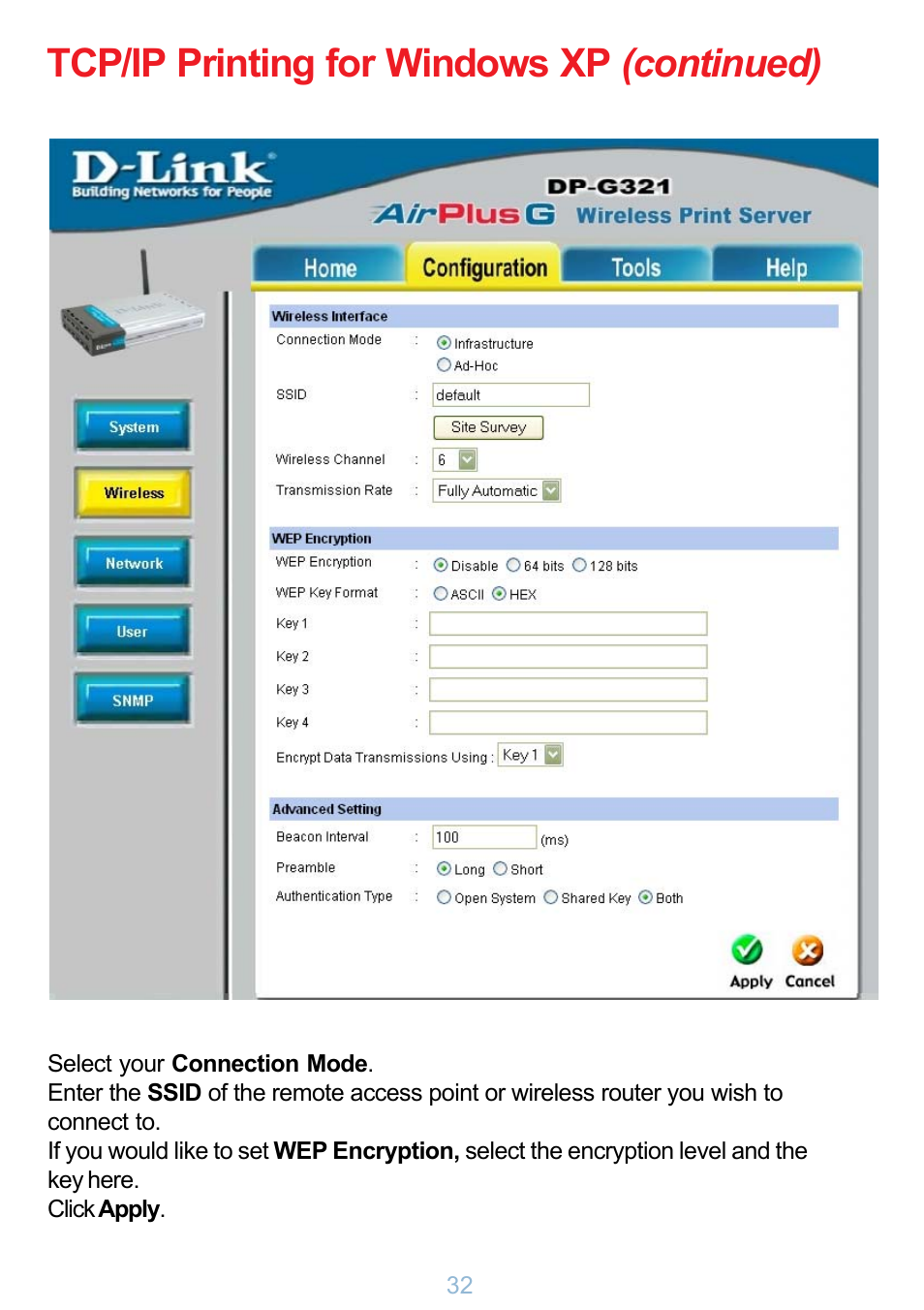 Tcp/ip printing for windows xp (continued) | D-Link DP-G321 User Manual | Page 32 / 90