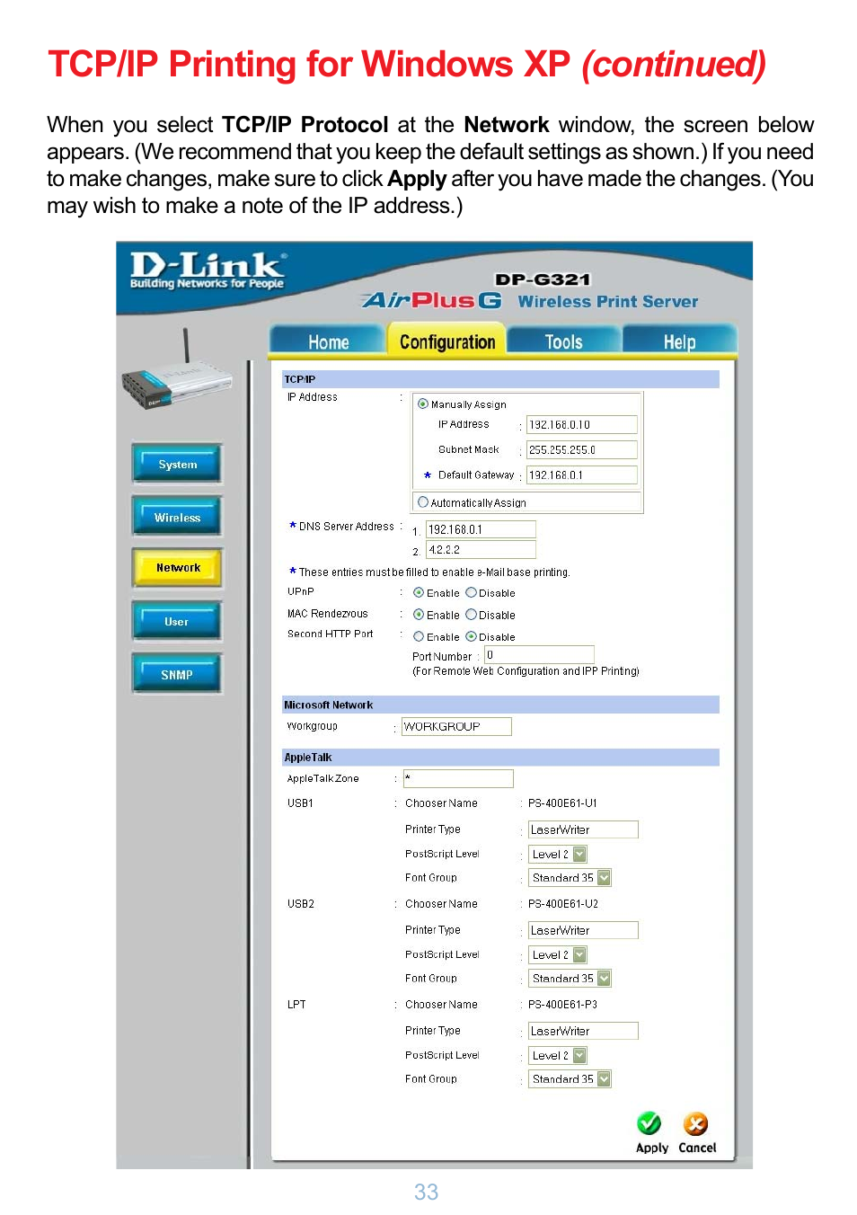 Tcp/ip printing for windows xp (continued) | D-Link DP-G321 User Manual | Page 33 / 90