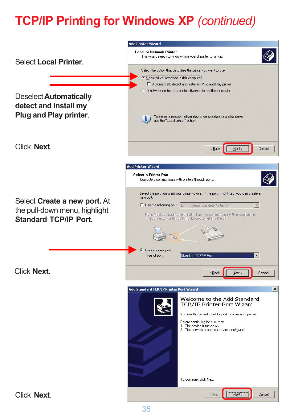 Tcp/ip printing for windows xp (continued) | D-Link DP-G321 User Manual | Page 35 / 90