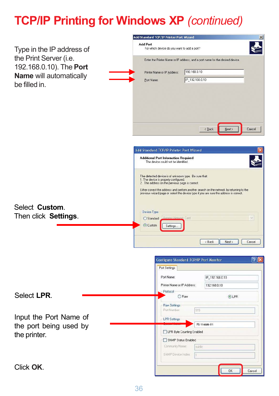 Tcp/ip printing for windows xp (continued) | D-Link DP-G321 User Manual | Page 36 / 90
