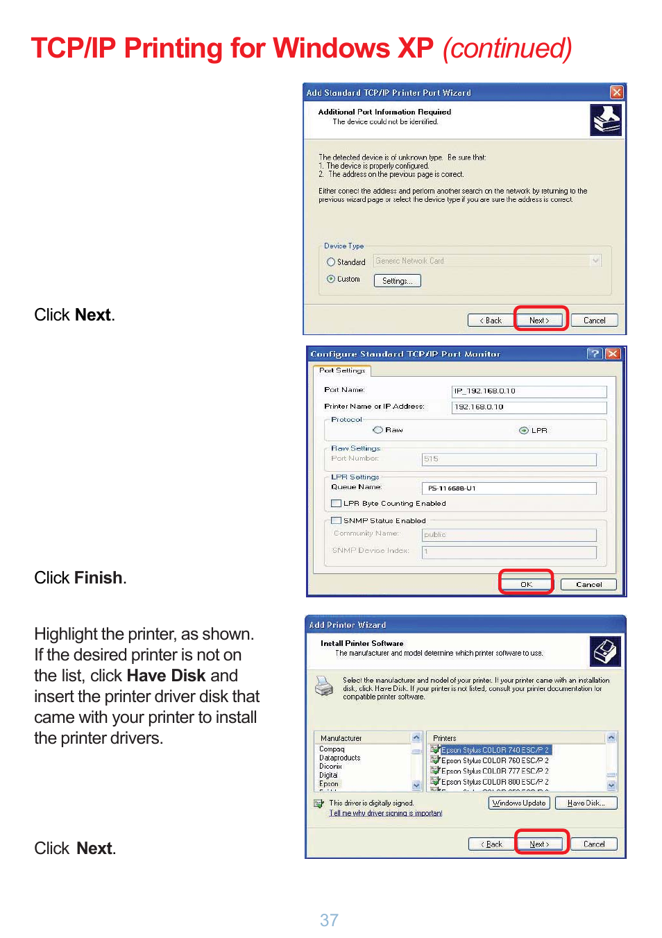 Tcp/ip printing for windows xp (continued) | D-Link DP-G321 User Manual | Page 37 / 90