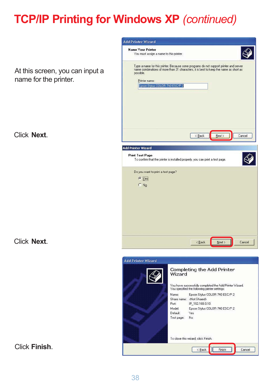 Tcp/ip printing for windows xp (continued) | D-Link DP-G321 User Manual | Page 38 / 90