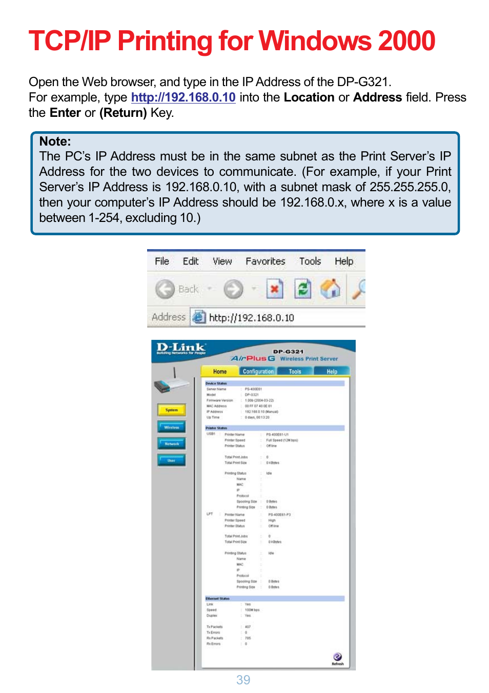 Tcp/ip printing for windows 2000 | D-Link DP-G321 User Manual | Page 39 / 90