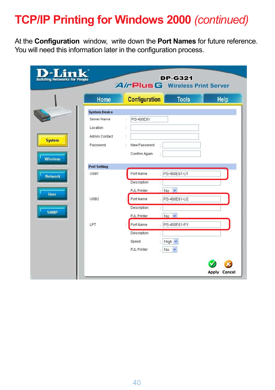 Tcp/ip printing for windows 2000 (continued) | D-Link DP-G321 User Manual | Page 40 / 90