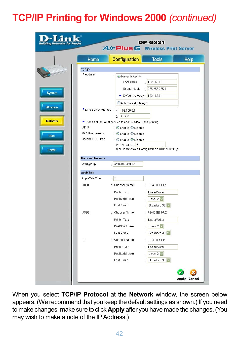 Tcp/ip printing for windows 2000 (continued) | D-Link DP-G321 User Manual | Page 42 / 90