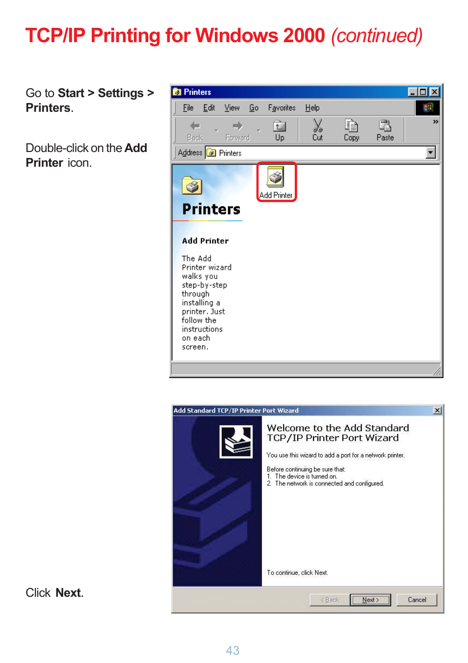 Tcp/ip printing for windows 2000 (continued) | D-Link DP-G321 User Manual | Page 43 / 90
