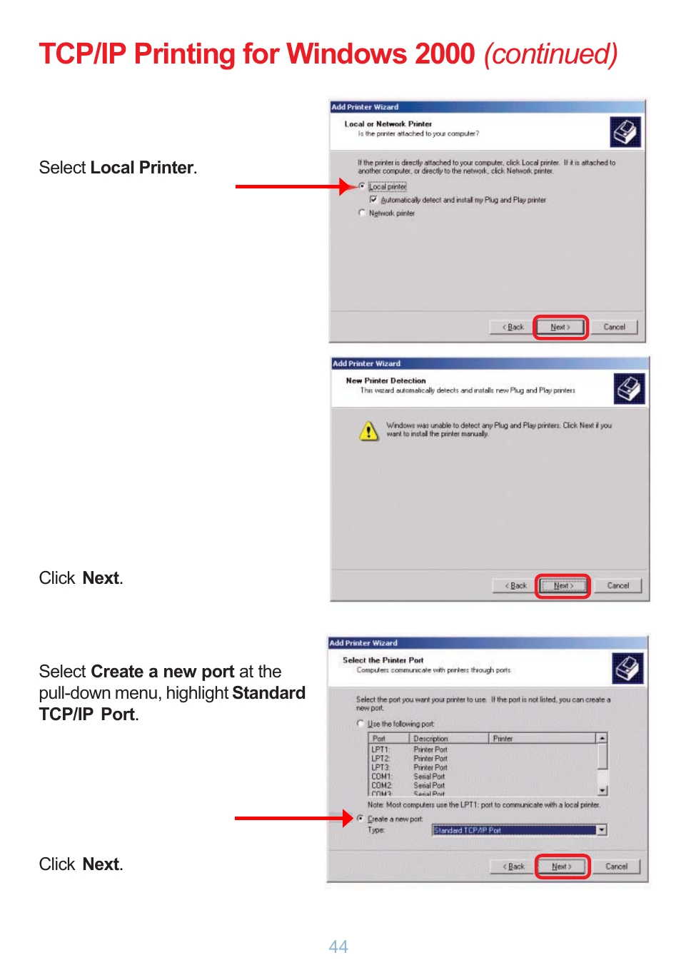 Tcp/ip printing for windows 2000 (continued) | D-Link DP-G321 User Manual | Page 44 / 90