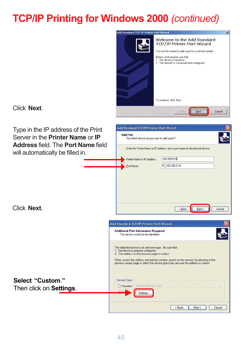 Tcp/ip printing for windows 2000 (continued) | D-Link DP-G321 User Manual | Page 45 / 90