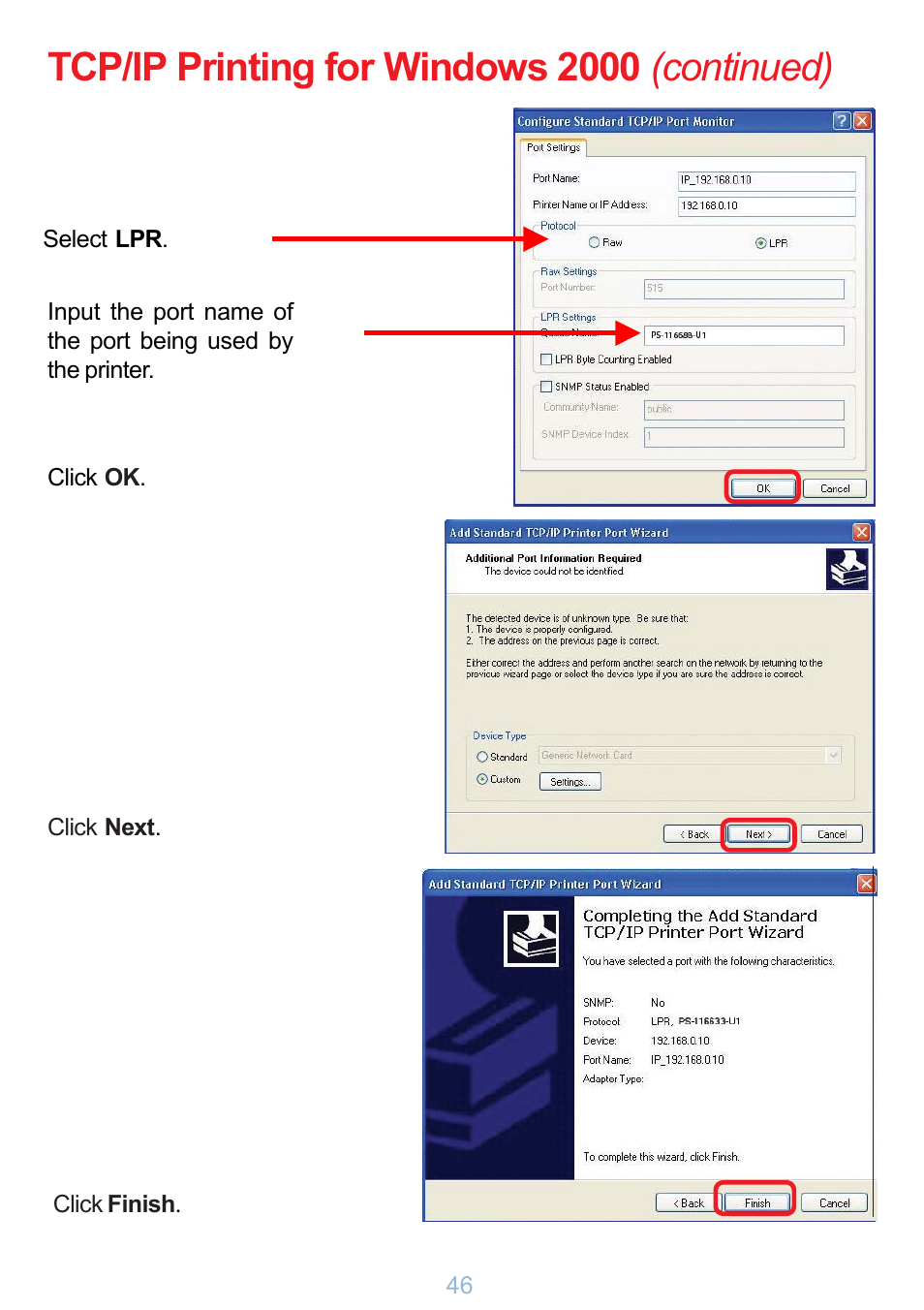 Tcp/ip printing for windows 2000 (continued) | D-Link DP-G321 User Manual | Page 46 / 90