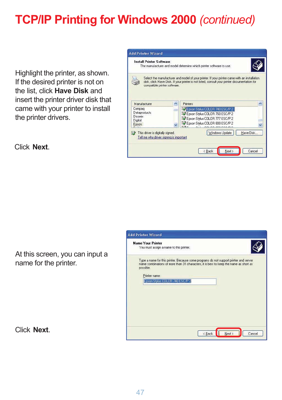 Tcp/ip printing for windows 2000 (continued) | D-Link DP-G321 User Manual | Page 47 / 90