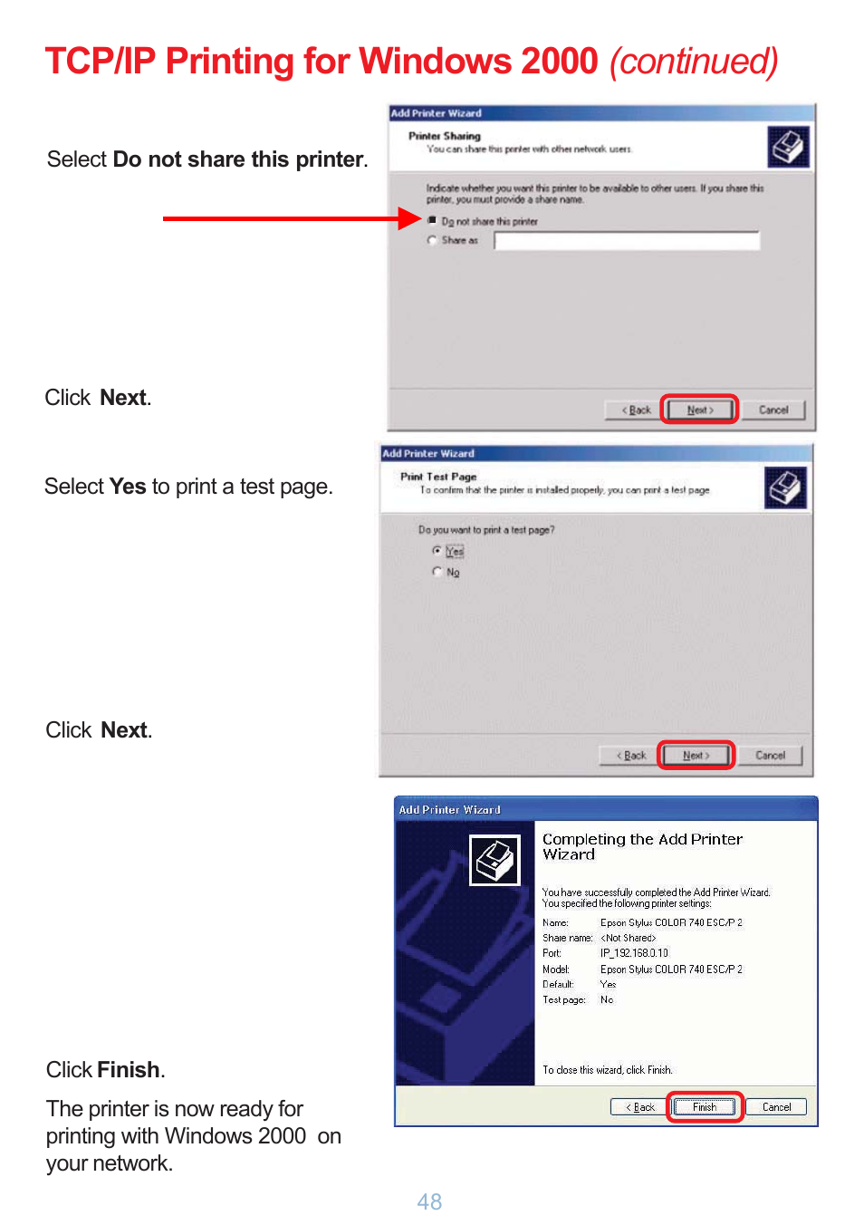 Tcp/ip printing for windows 2000 (continued) | D-Link DP-G321 User Manual | Page 48 / 90