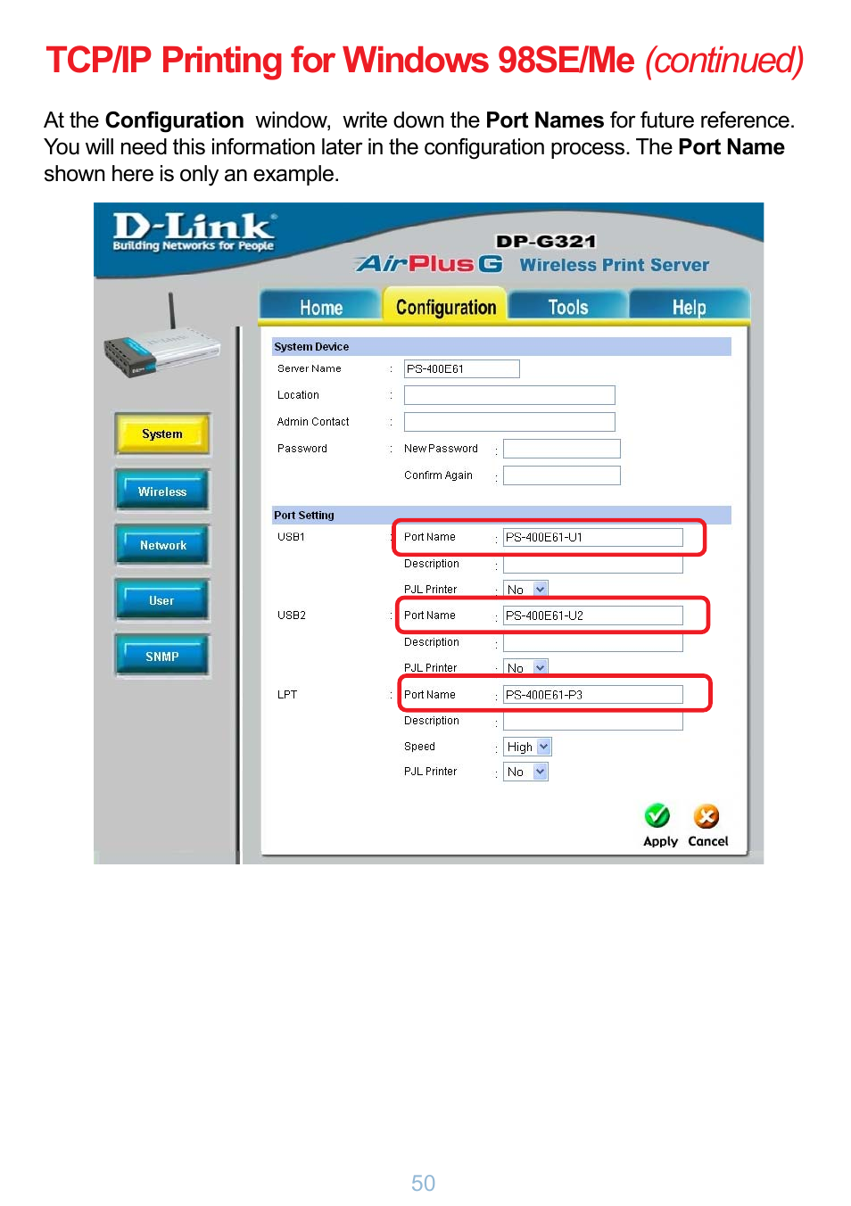 Tcp/ip printing for windows 98se/me (continued) | D-Link DP-G321 User Manual | Page 50 / 90