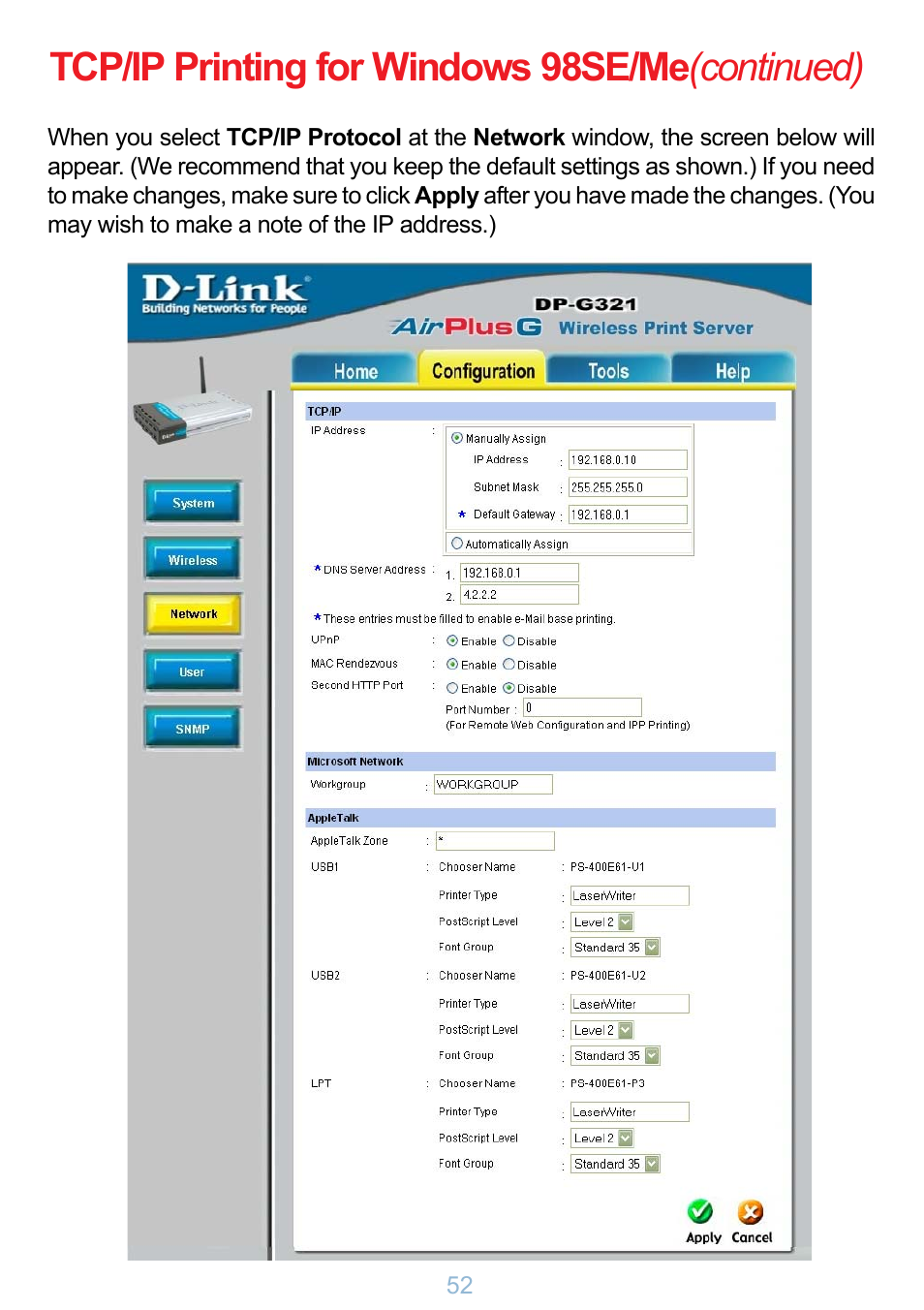 Tcp/ip printing for windows 98se/me (continued) | D-Link DP-G321 User Manual | Page 52 / 90