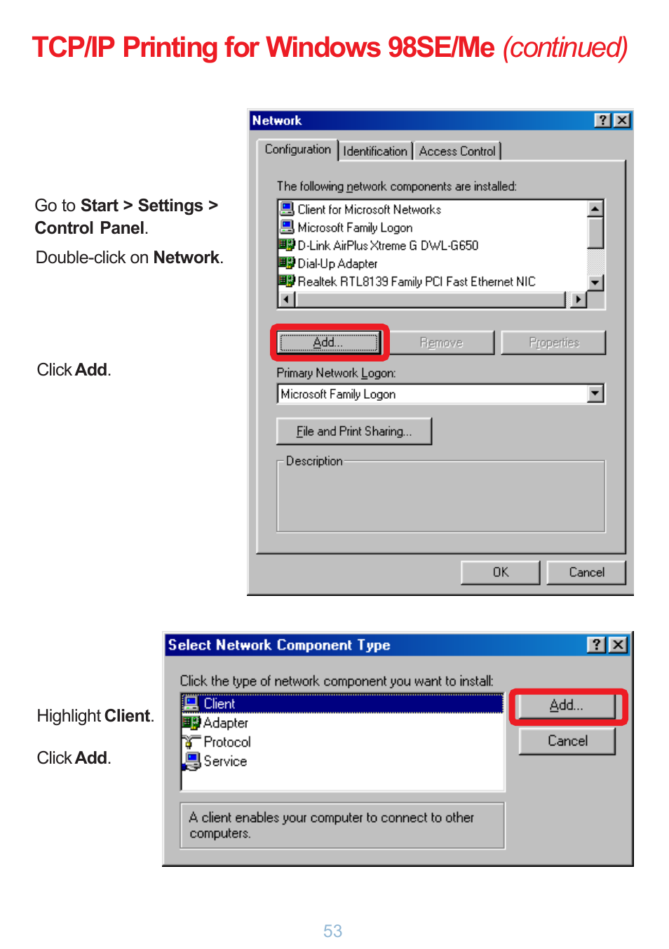 Tcp/ip printing for windows 98se/me (continued) | D-Link DP-G321 User Manual | Page 53 / 90