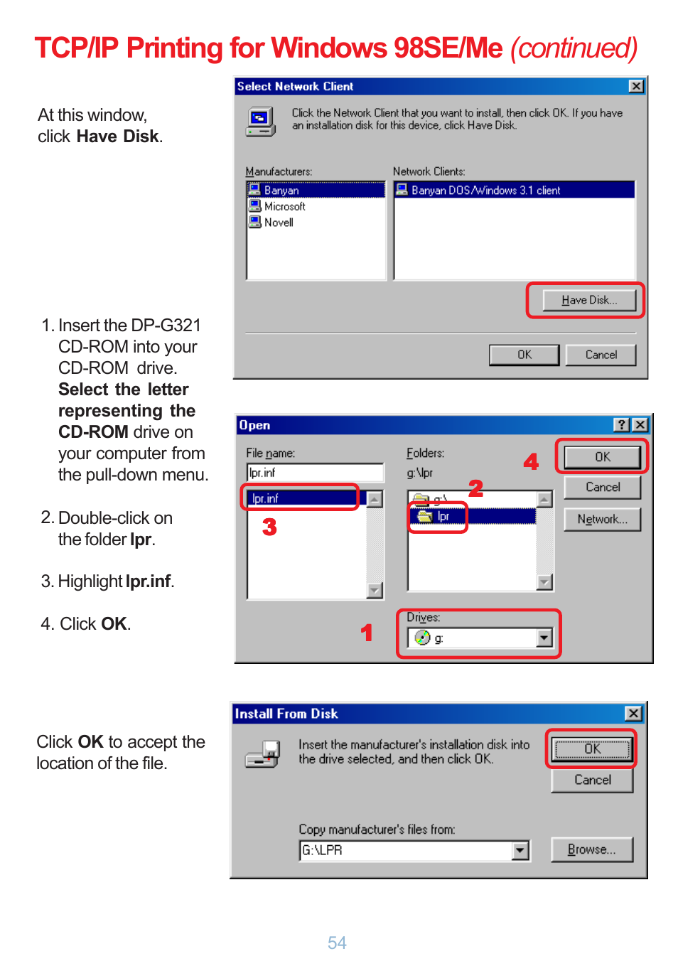 Tcp/ip printing for windows 98se/me (continued) | D-Link DP-G321 User Manual | Page 54 / 90