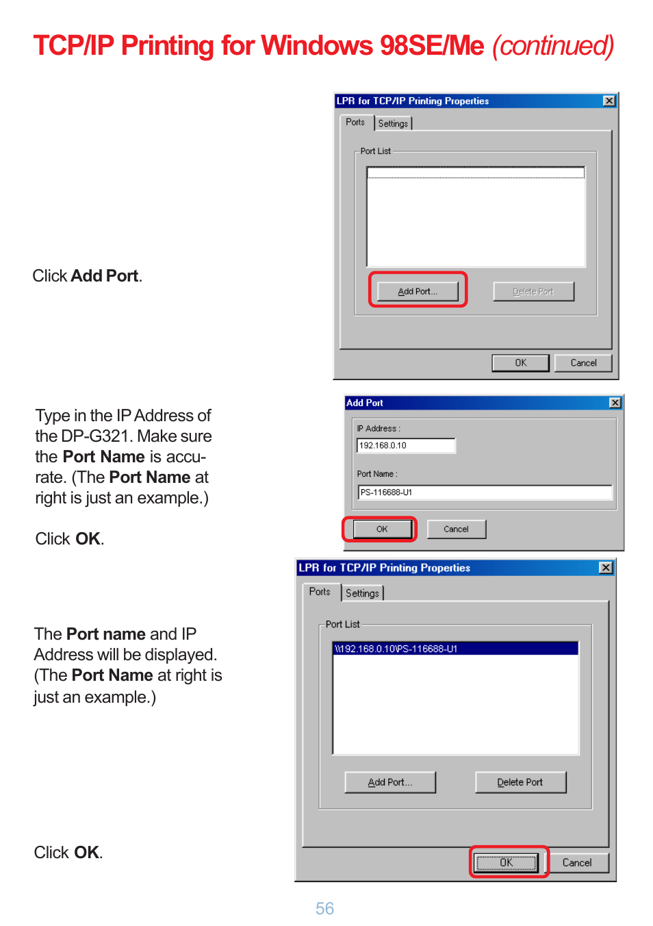 Tcp/ip printing for windows 98se/me (continued) | D-Link DP-G321 User Manual | Page 56 / 90