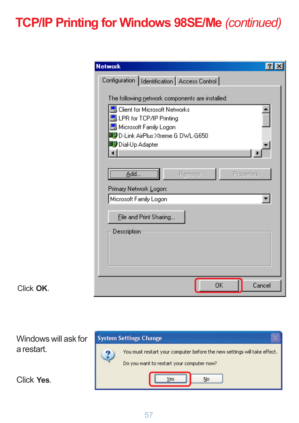 Tcp/ip printing for windows 98se/me (continued) | D-Link DP-G321 User Manual | Page 57 / 90