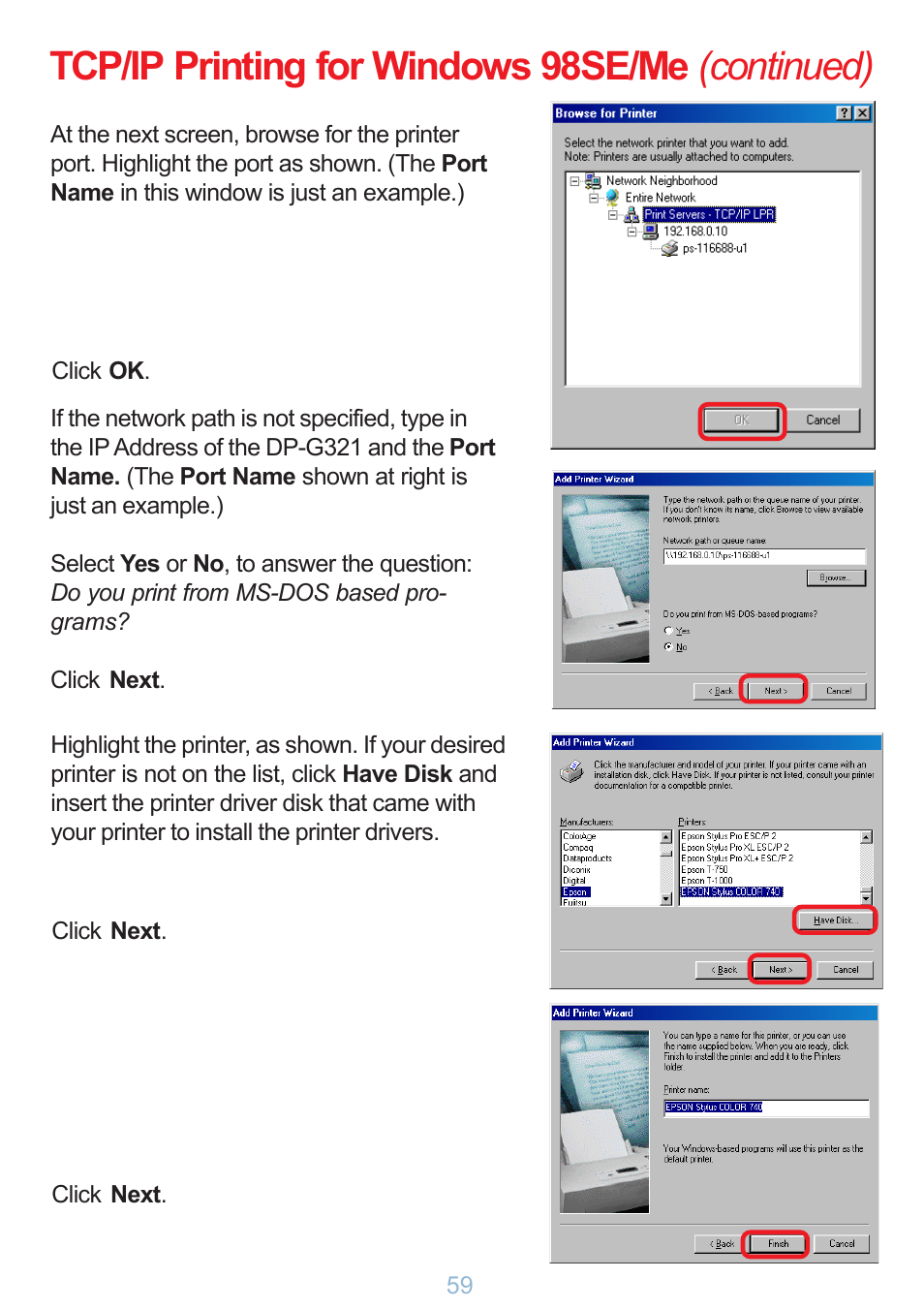 Tcp/ip printing for windows 98se/me (continued) | D-Link DP-G321 User Manual | Page 59 / 90
