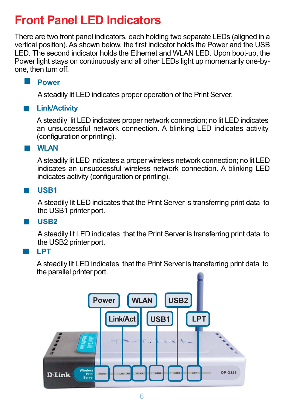 Front panel led indicators | D-Link DP-G321 User Manual | Page 6 / 90