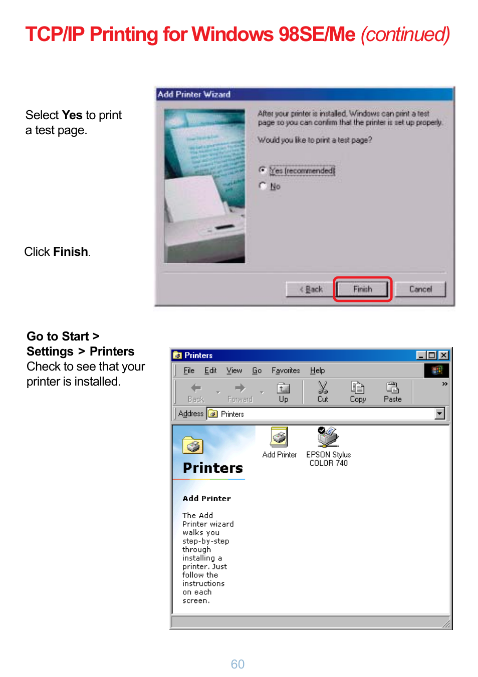 Tcp/ip printing for windows 98se/me (continued) | D-Link DP-G321 User Manual | Page 60 / 90