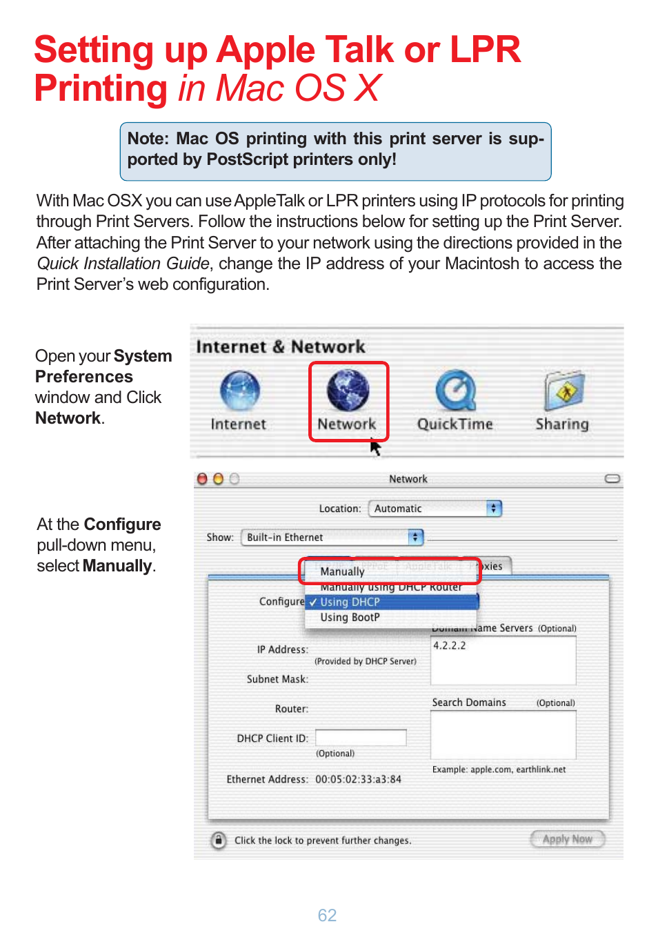 Setting up apple talk or lpr printing in mac os x | D-Link DP-G321 User Manual | Page 62 / 90