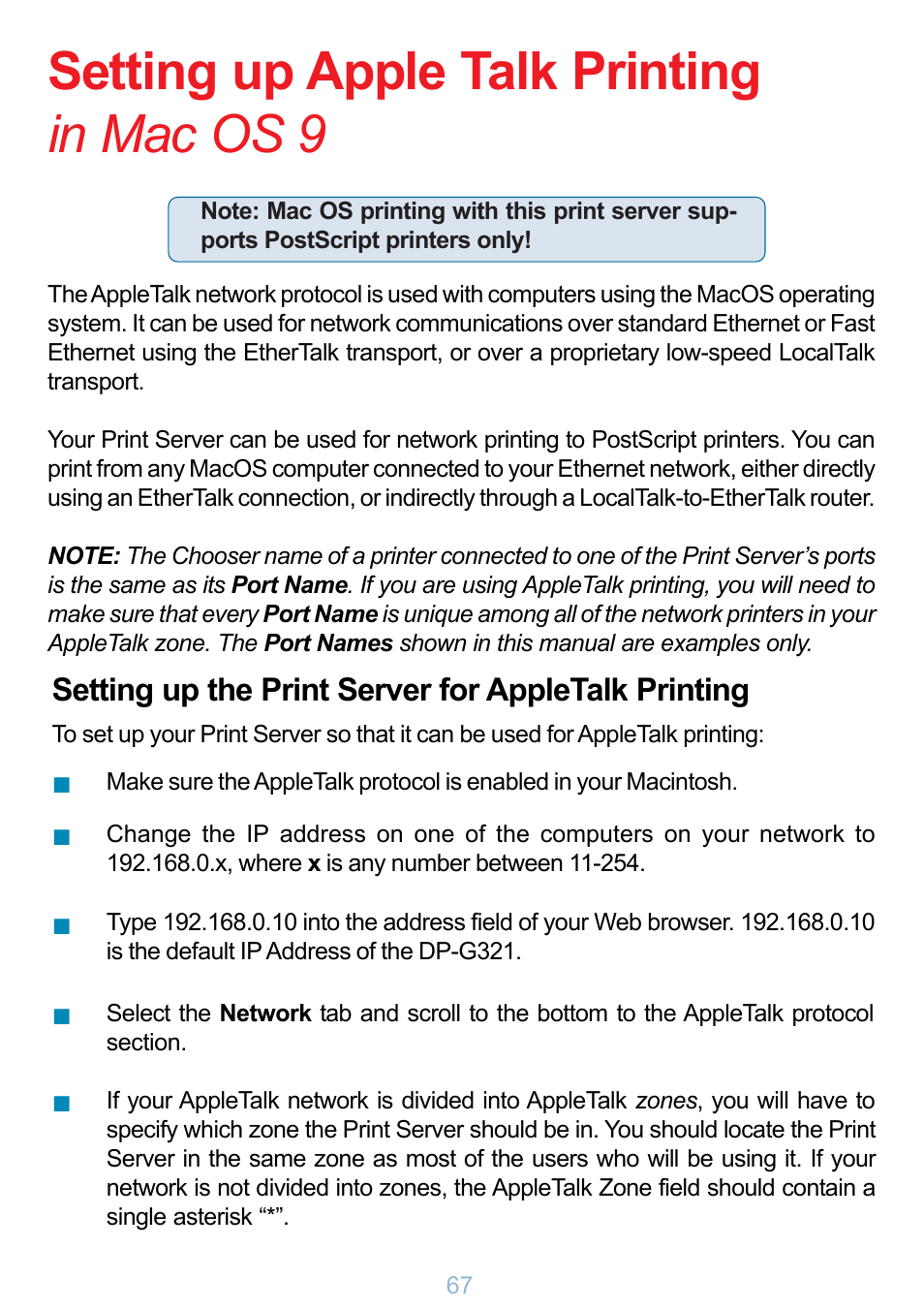 Setting up apple talk printing in mac os 9, Setting up the print server for appletalk printing | D-Link DP-G321 User Manual | Page 67 / 90