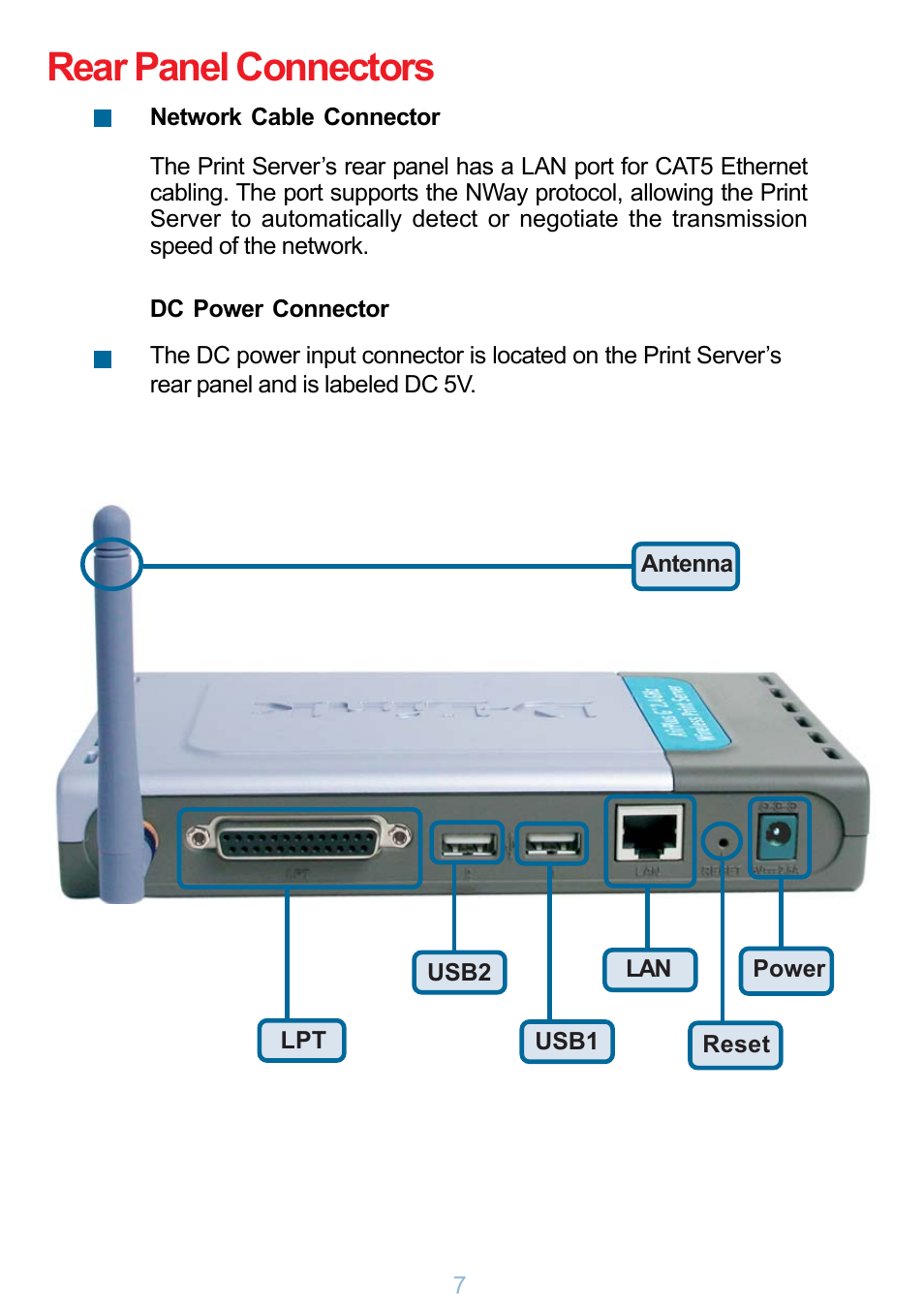 Rear panel connectors | D-Link DP-G321 User Manual | Page 7 / 90