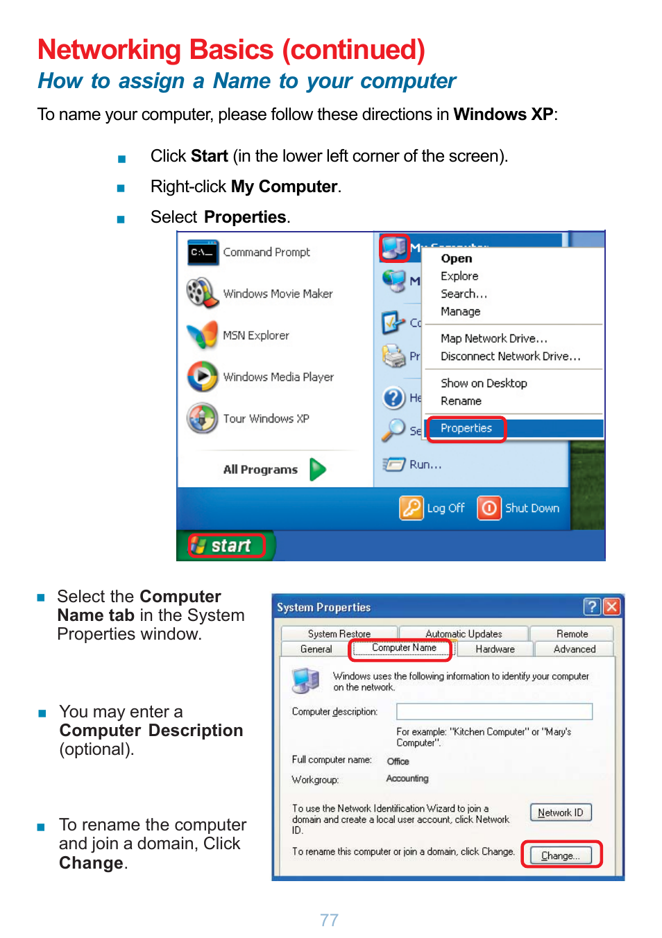 Networking basics (continued), How to assign a name to your computer | D-Link DP-G321 User Manual | Page 77 / 90