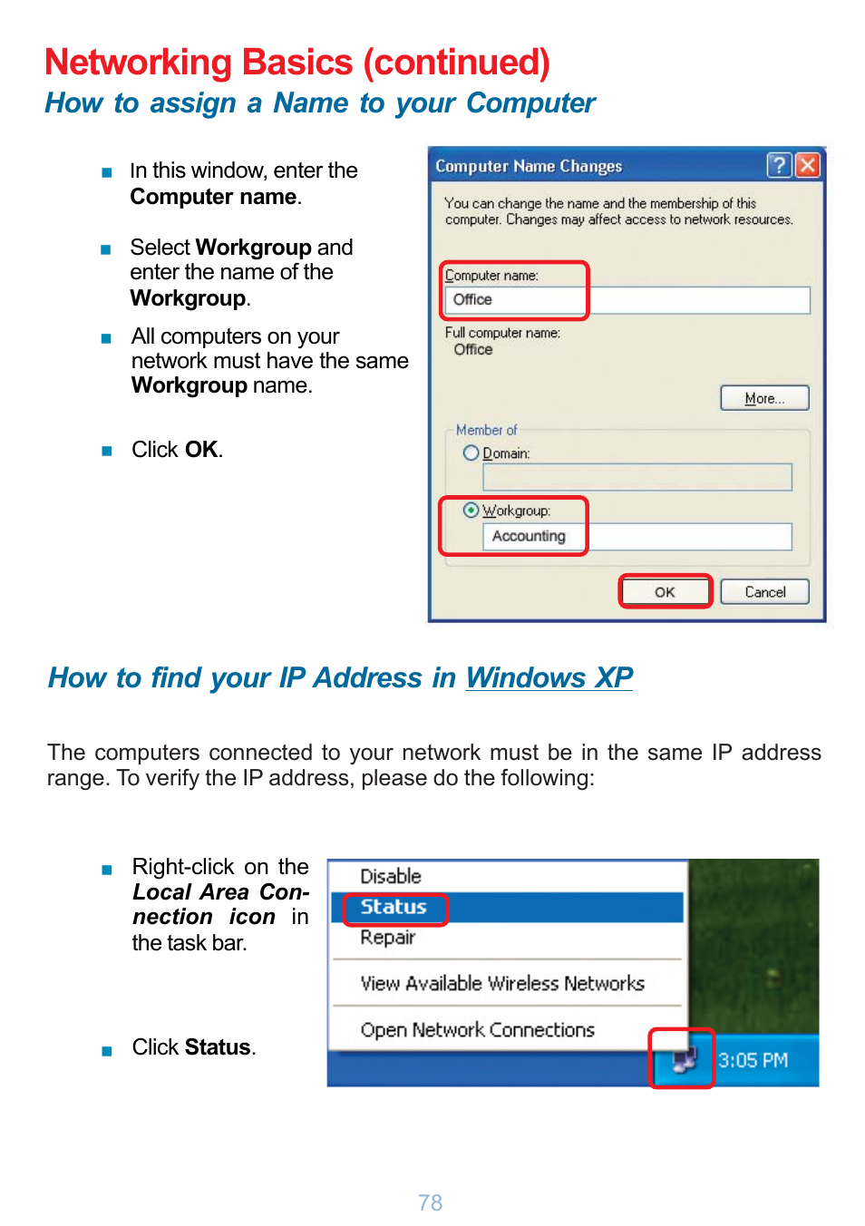 Networking basics (continued), How to assign a name to your computer, How to find your ip address in windows xp | D-Link DP-G321 User Manual | Page 78 / 90