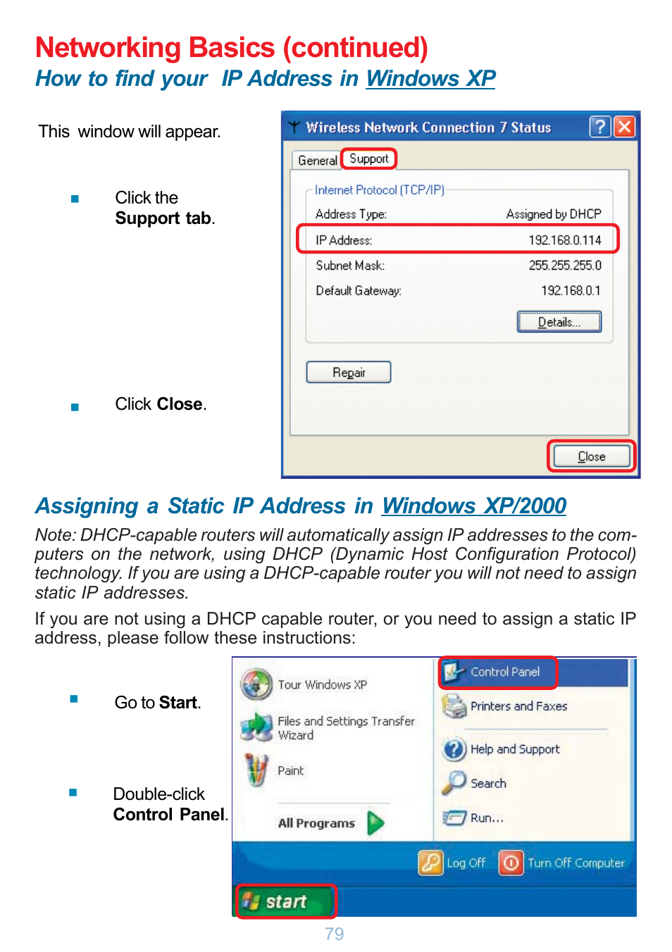 Networking basics (continued), How to find your ip address in windows xp, Assigning a static ip address in windows xp/2000 | D-Link DP-G321 User Manual | Page 79 / 90