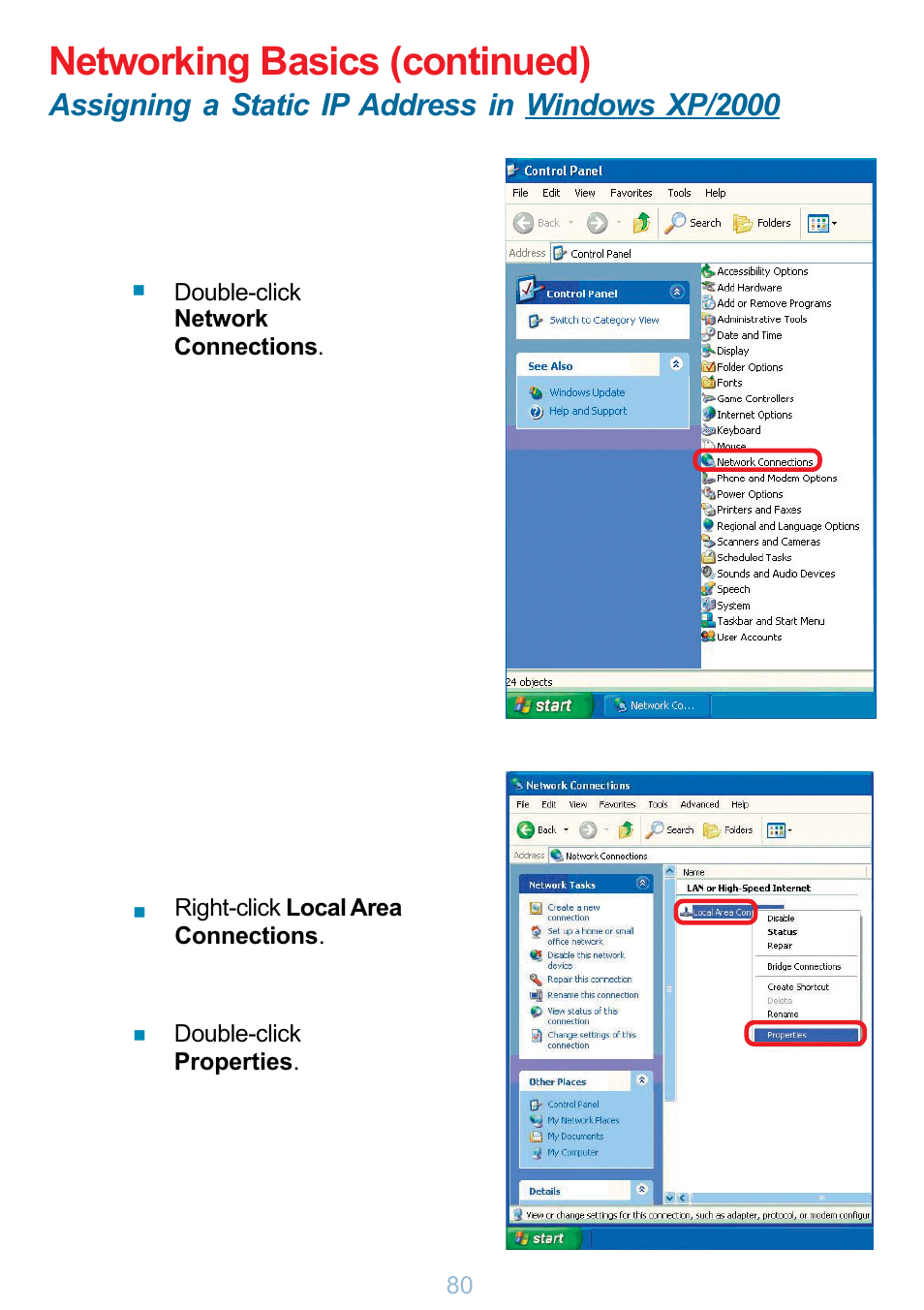 Networking basics (continued), Assigning a static ip address in windows xp/2000 | D-Link DP-G321 User Manual | Page 80 / 90
