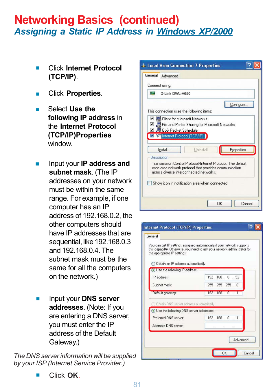 Networking basics (continued), Assigning a static ip address in windows xp/2000 | D-Link DP-G321 User Manual | Page 81 / 90