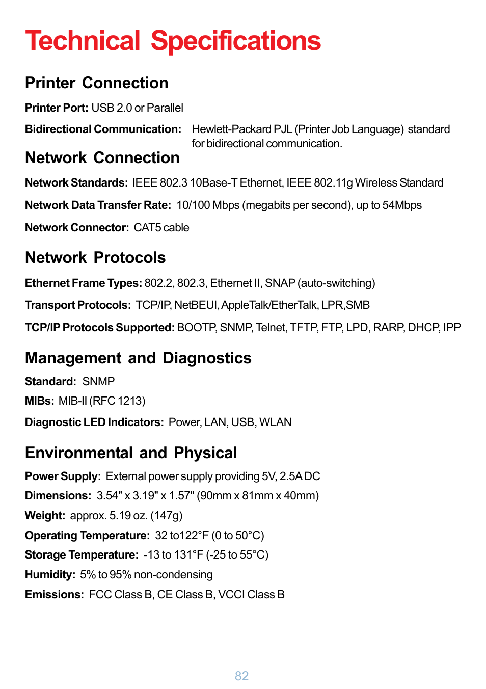 Technical specifications, Printer connection, Network connection | Network protocols, Management and diagnostics, Environmental and physical | D-Link DP-G321 User Manual | Page 82 / 90