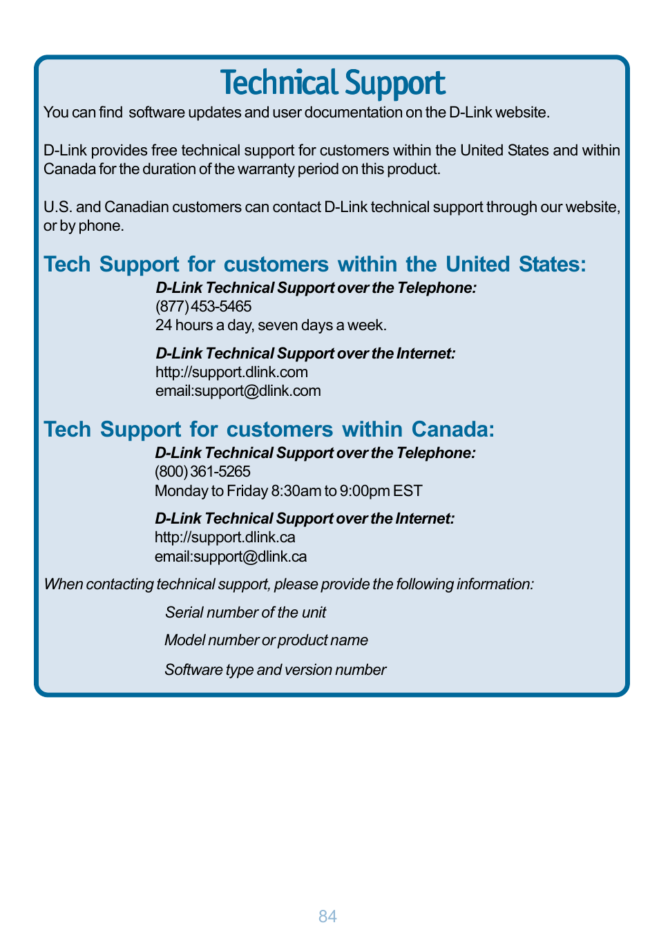 Techni echni echnical cal support | D-Link DP-G321 User Manual | Page 84 / 90