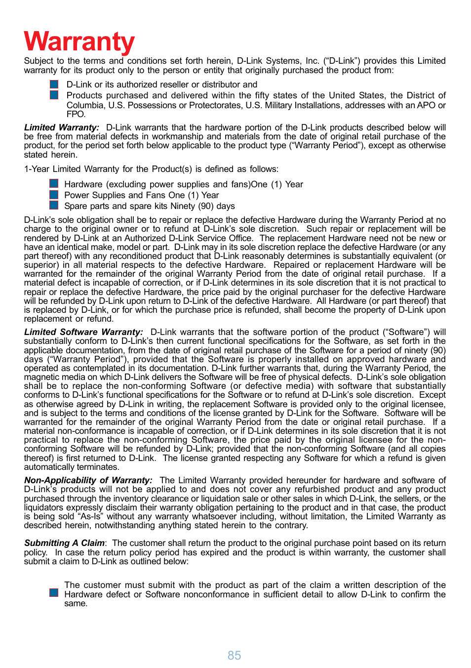 Warranty | D-Link DP-G321 User Manual | Page 85 / 90