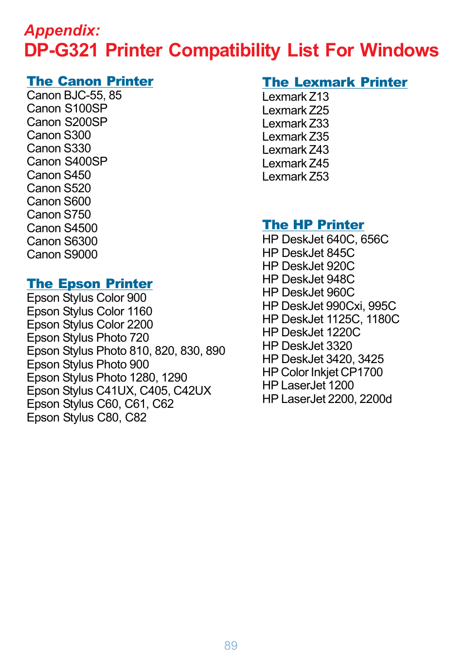 Dp-g321 printer compatibility list for windows, Appendix | D-Link DP-G321 User Manual | Page 89 / 90