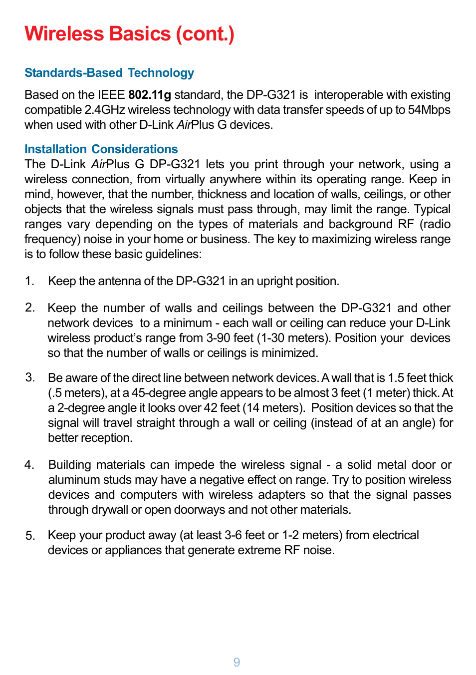 Installation considerations, Wireless basics (cont.) | D-Link DP-G321 User Manual | Page 9 / 90