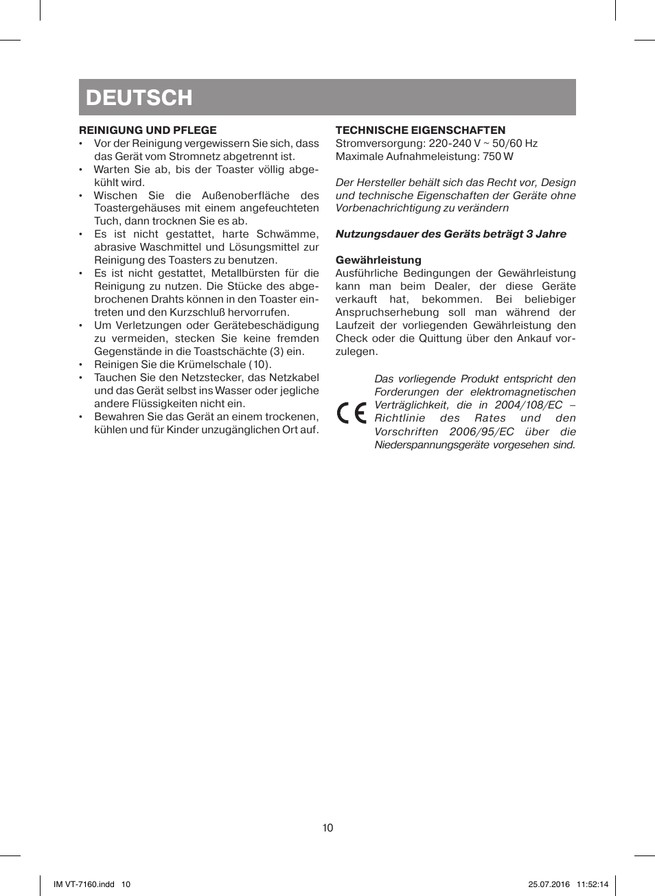 Deutsch | Vitek VT-7160 W User Manual | Page 10 / 24