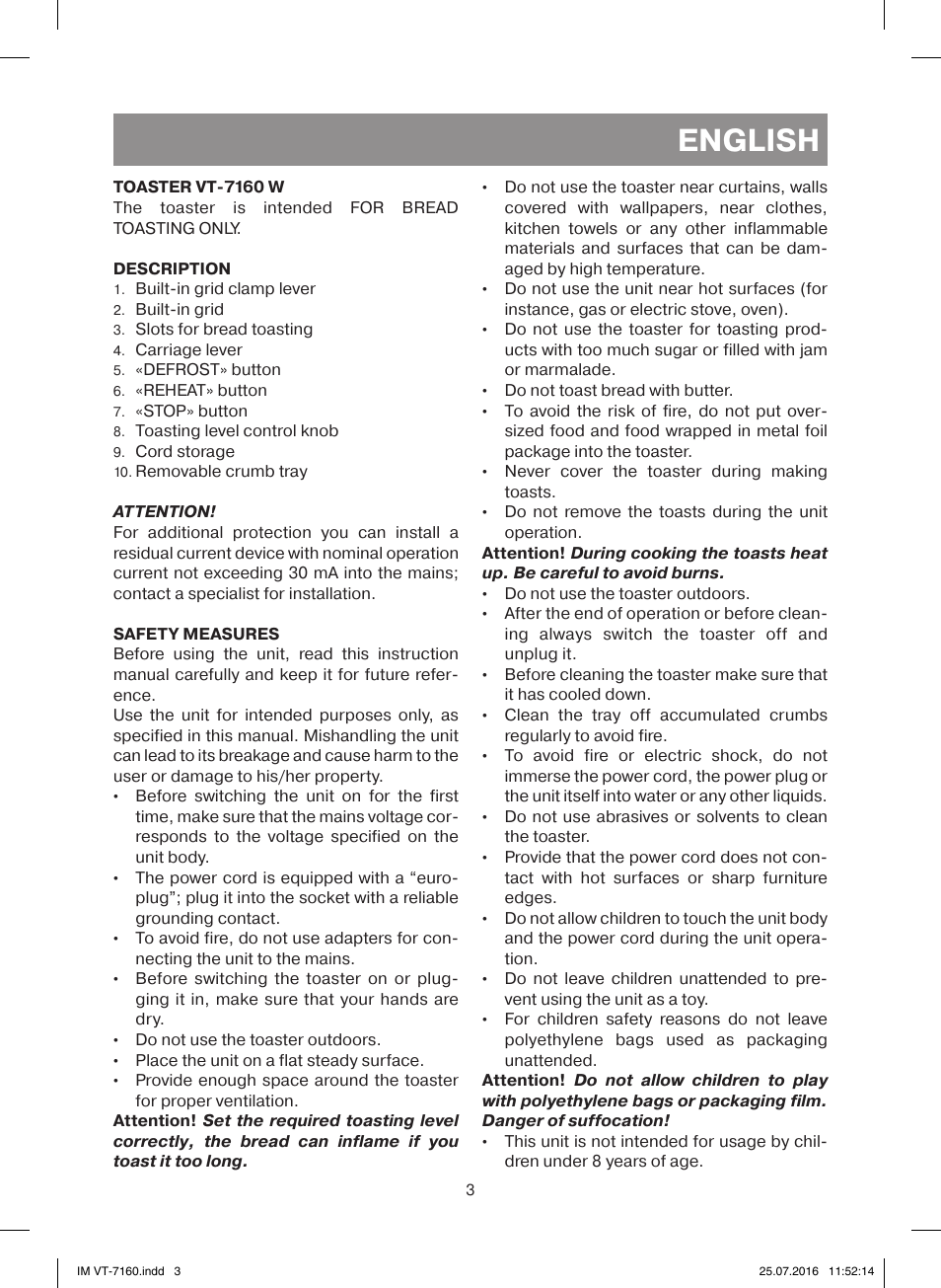 English | Vitek VT-7160 W User Manual | Page 3 / 24