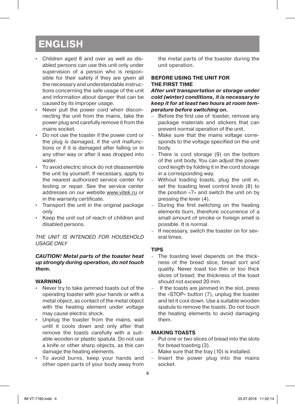 English | Vitek VT-7160 W User Manual | Page 4 / 24