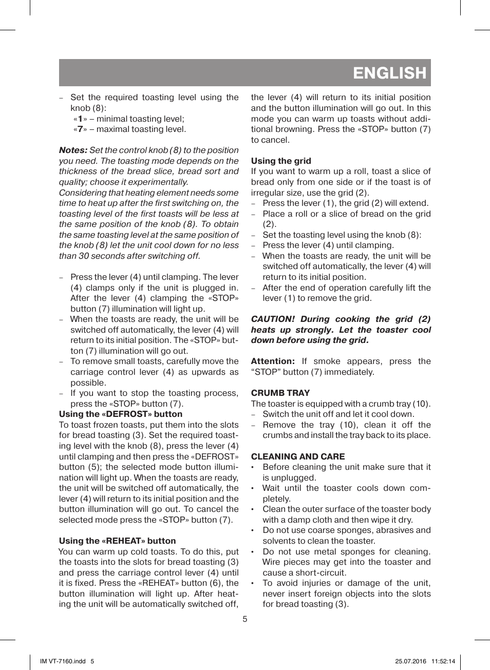 English | Vitek VT-7160 W User Manual | Page 5 / 24
