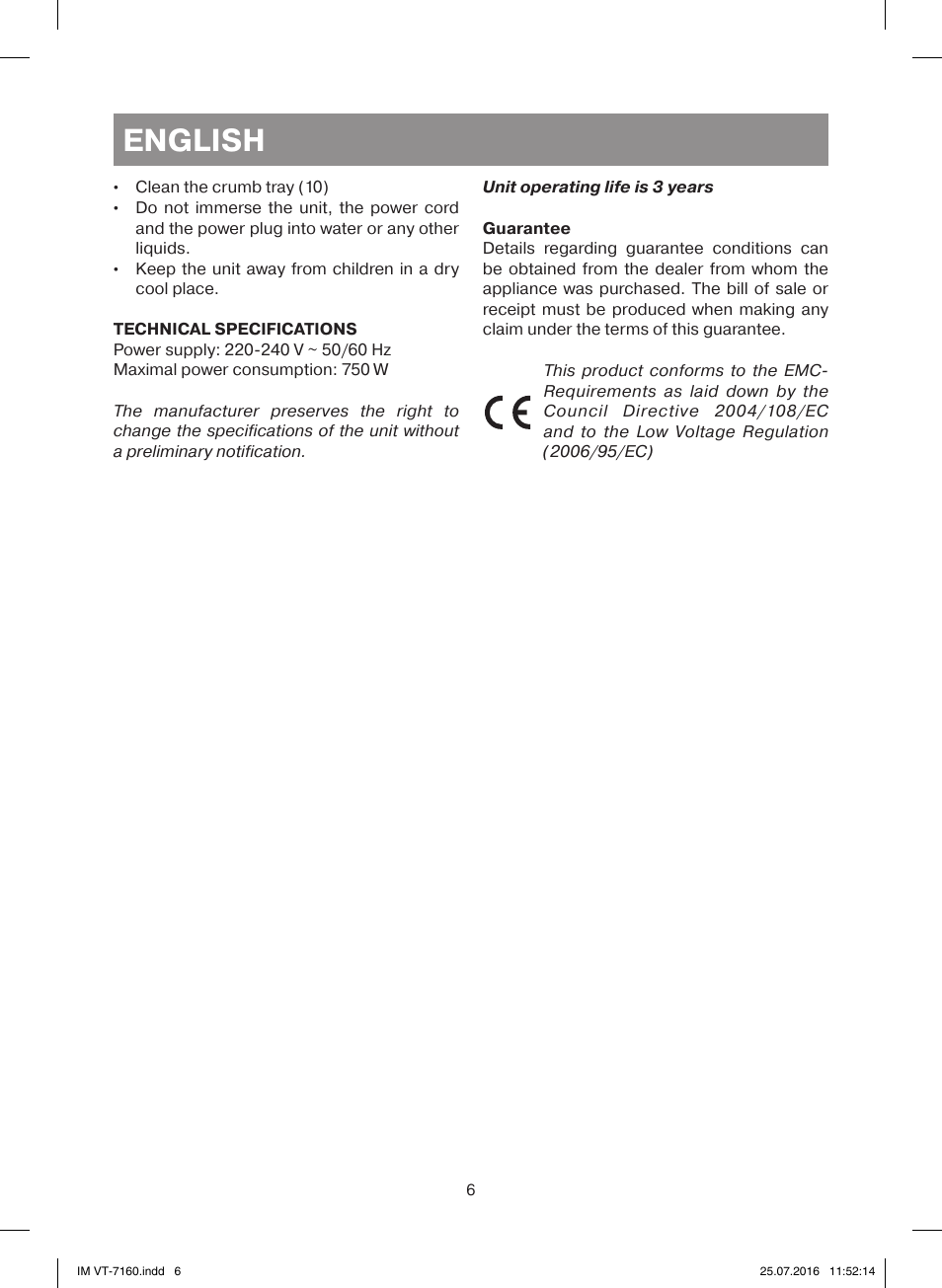 English | Vitek VT-7160 W User Manual | Page 6 / 24