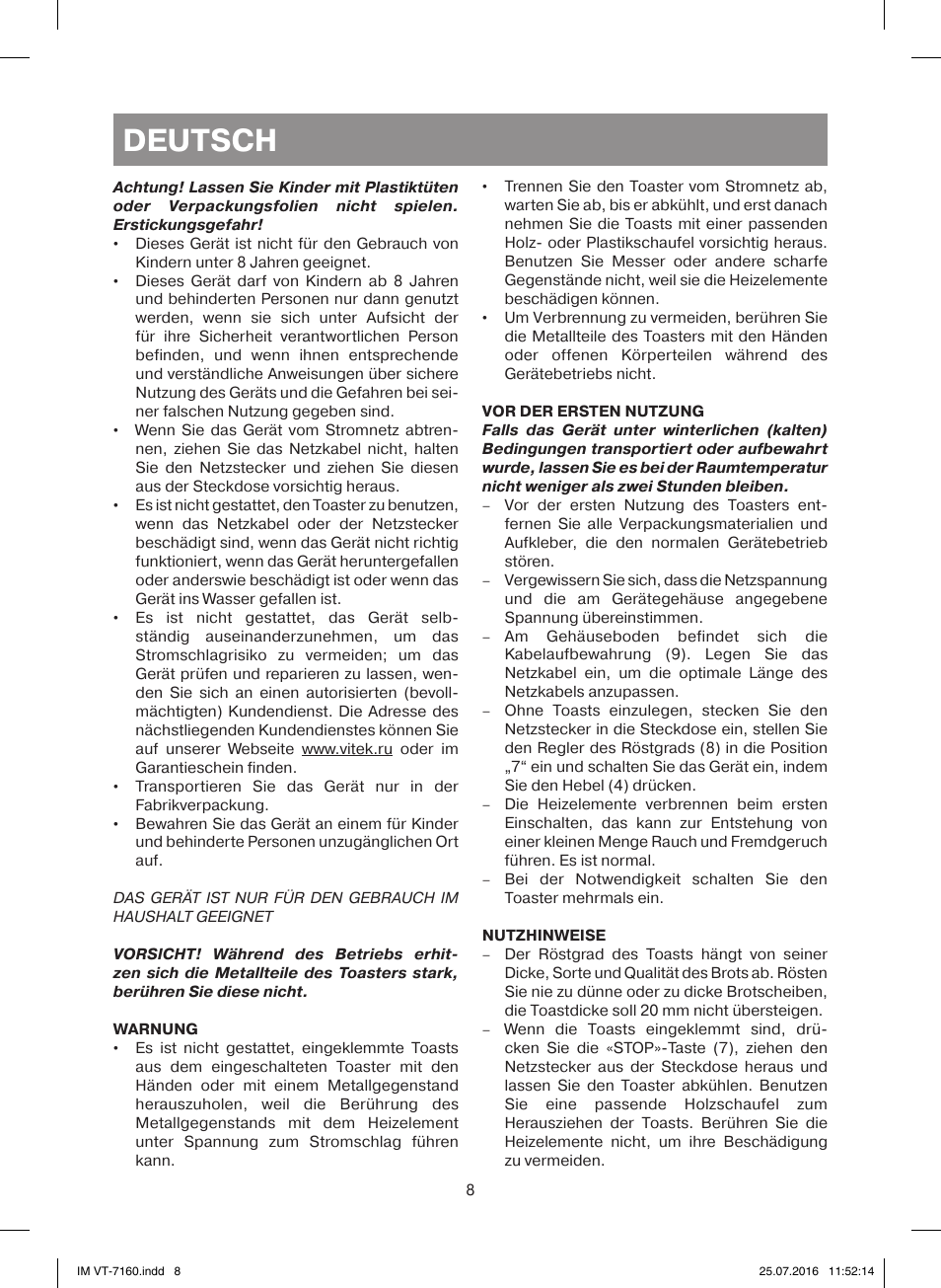 Deutsch | Vitek VT-7160 W User Manual | Page 8 / 24