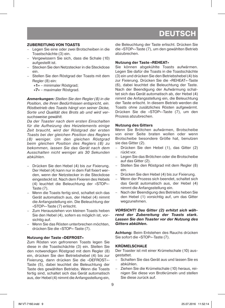 Deutsch | Vitek VT-7160 W User Manual | Page 9 / 24