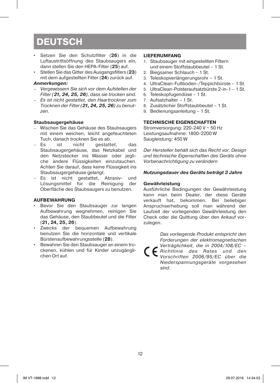 Deutsch | Vitek VT-1898 BK User Manual | Page 12 / 28