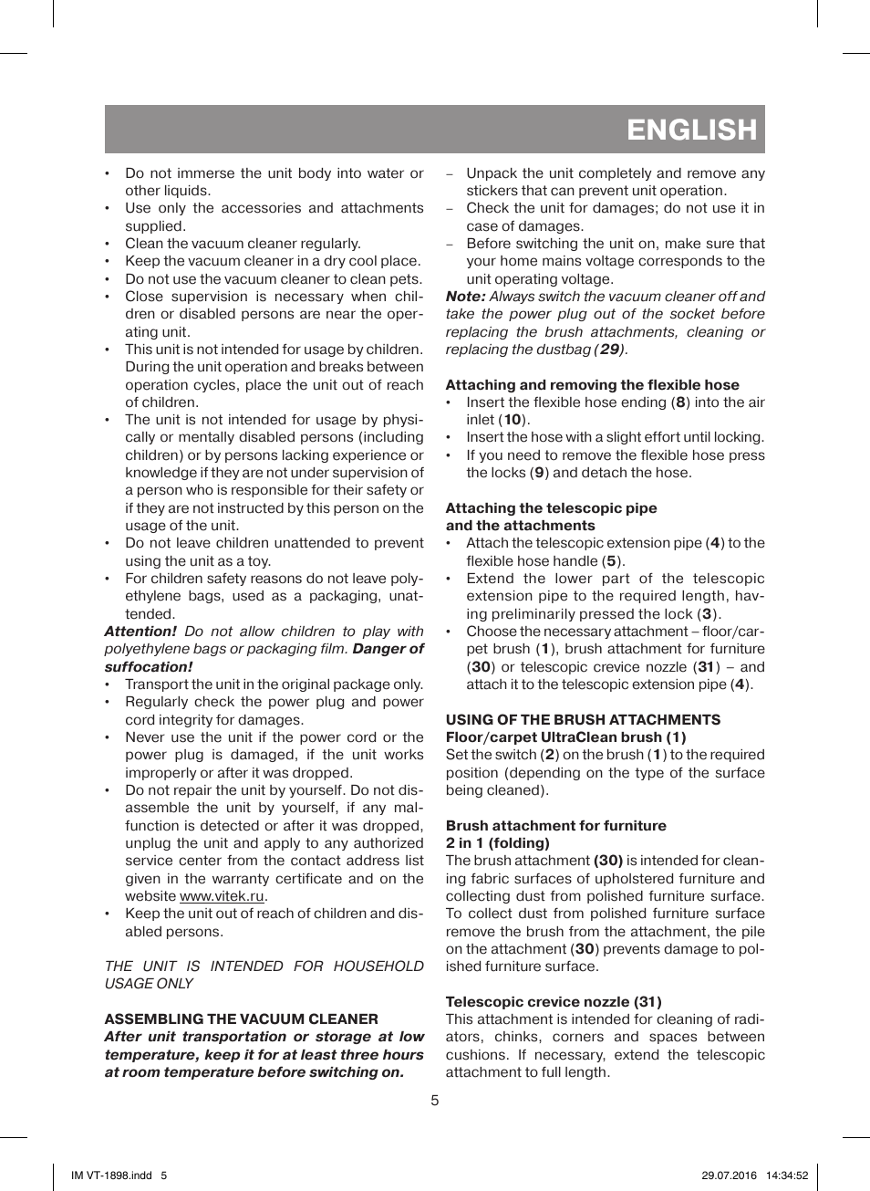 English | Vitek VT-1898 BK User Manual | Page 5 / 28