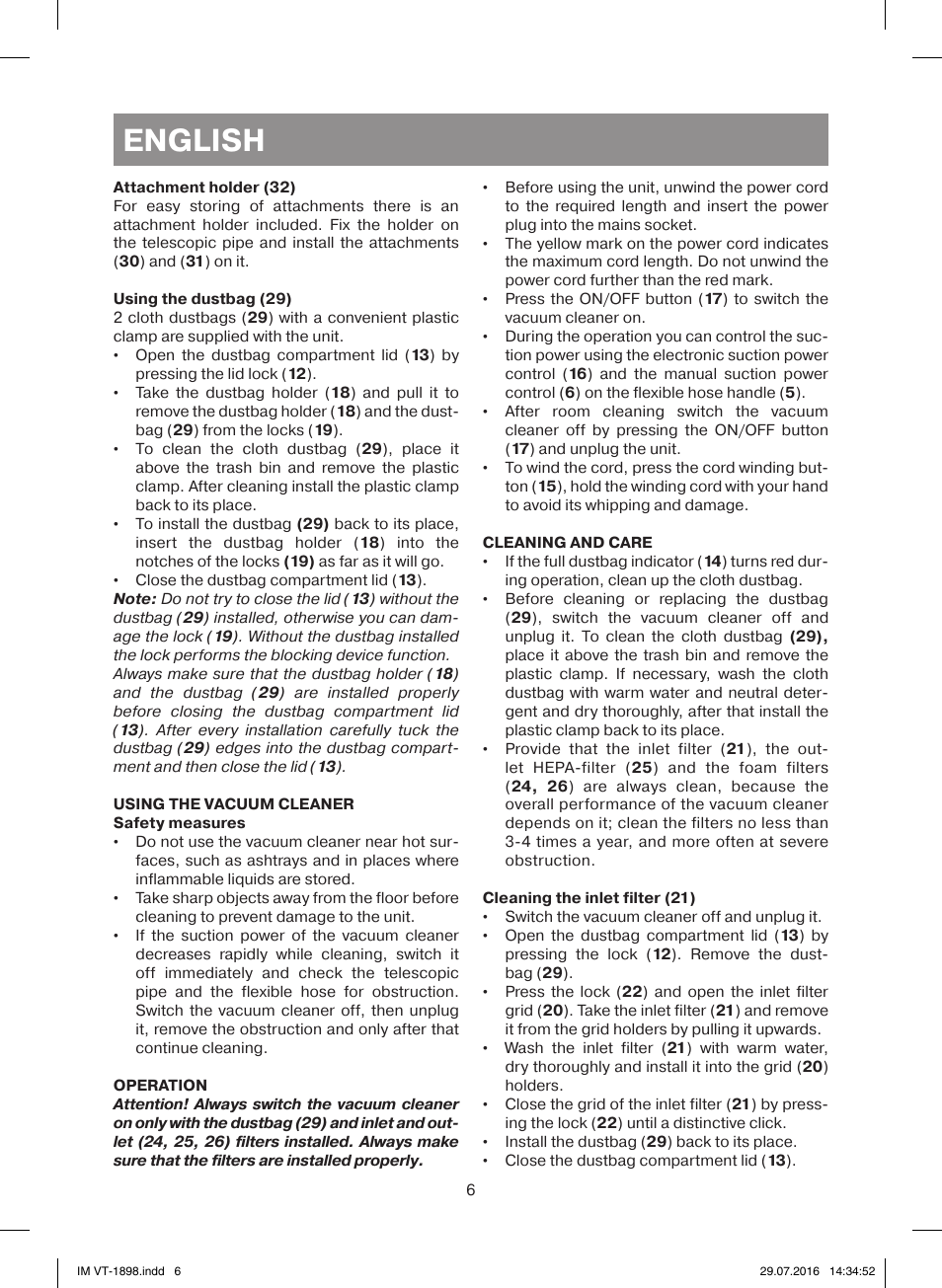 English | Vitek VT-1898 BK User Manual | Page 6 / 28