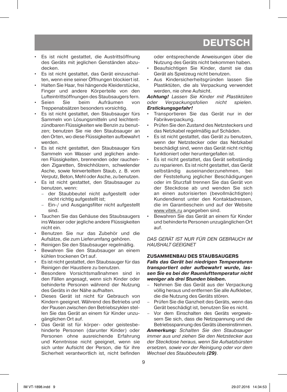 Deutsch | Vitek VT-1898 BK User Manual | Page 9 / 28