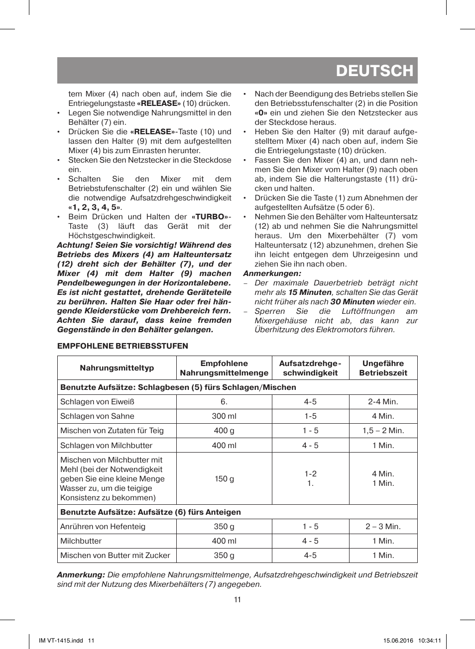 Deutsch | Vitek VT-1415 BK User Manual | Page 11 / 28