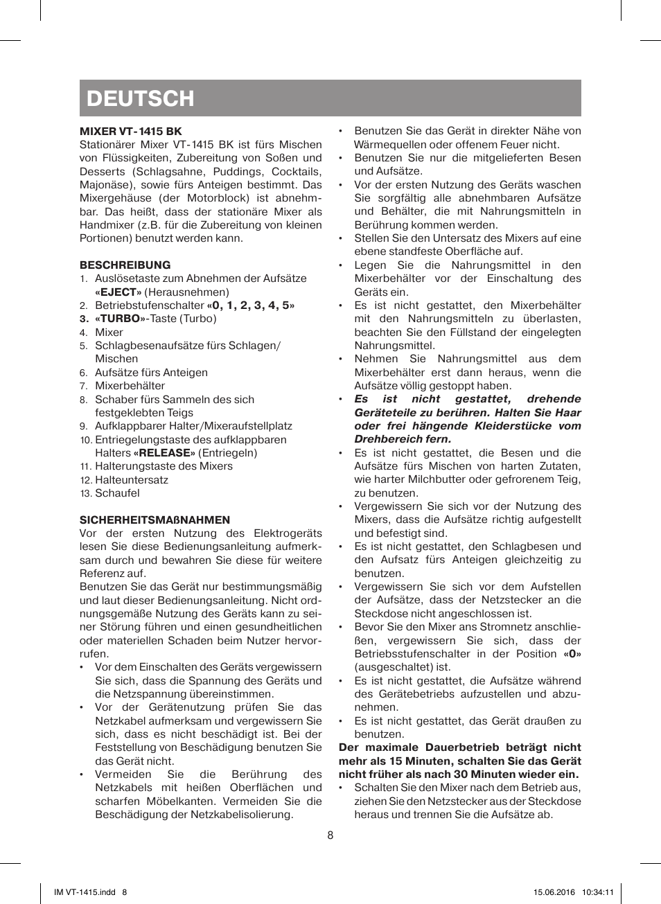 Deutsch | Vitek VT-1415 BK User Manual | Page 8 / 28